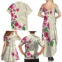 Hawaiian Hibiscus and Art Polynesian Tattoo Family Matching Summer Maxi Dress and Hawaiian Shirt Beige Color