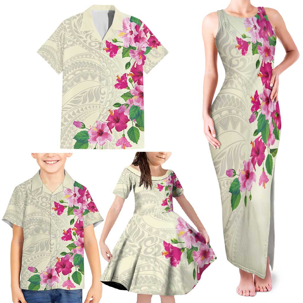 Hawaiian Hibiscus and Art Polynesian Tattoo Family Matching Tank Maxi Dress and Hawaiian Shirt Beige Color