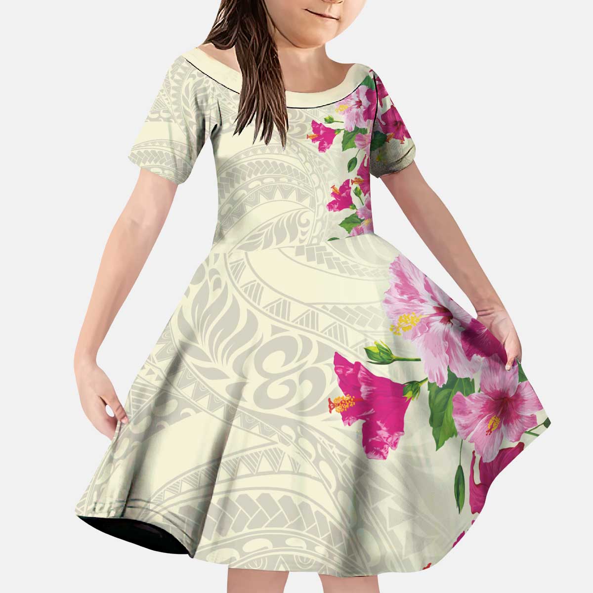 Hawaiian Hibiscus and Art Polynesian Tattoo Kid Short Sleeve Dress Beige Color LT03 KID Beige - Polynesian Pride