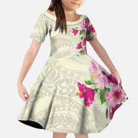Hawaiian Hibiscus and Art Polynesian Tattoo Kid Short Sleeve Dress Beige Color LT03 KID Beige - Polynesian Pride