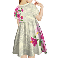 Hawaiian Hibiscus and Art Polynesian Tattoo Kid Short Sleeve Dress Beige Color LT03 - Polynesian Pride