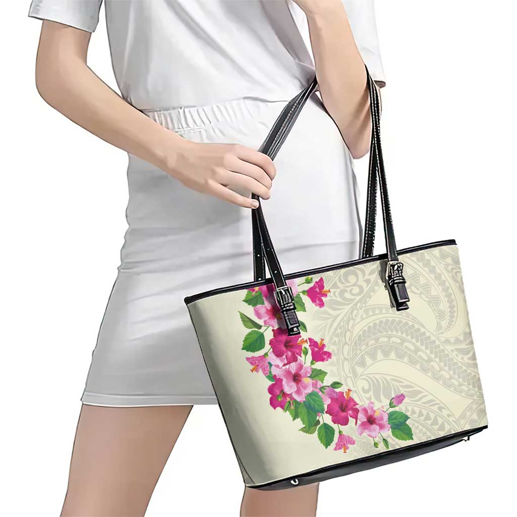 Hawaiian Hibiscus and Art Polynesian Tattoo Leather Tote Bag Beige Color