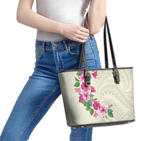 Hawaiian Hibiscus and Art Polynesian Tattoo Leather Tote Bag Beige Color