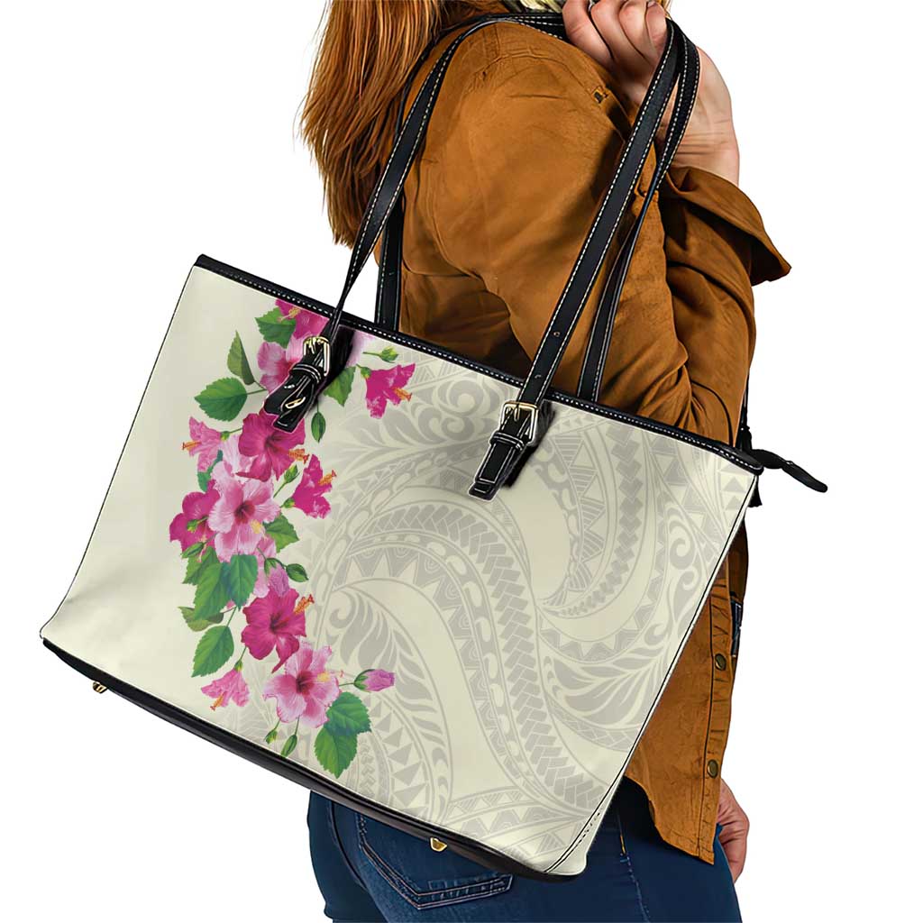 Hawaiian Hibiscus and Art Polynesian Tattoo Leather Tote Bag Beige Color