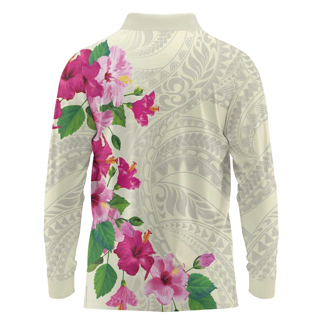 Hawaiian Hibiscus and Art Polynesian Tattoo Long Sleeve Polo Shirt Beige Color