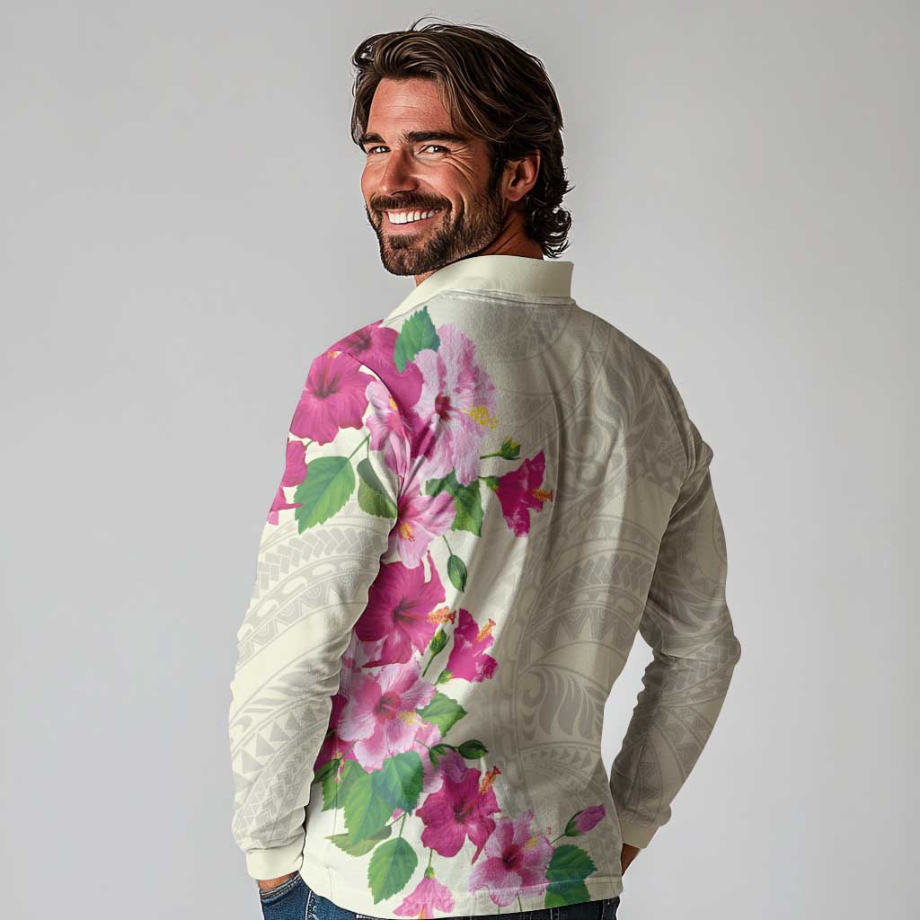 Hawaiian Hibiscus and Art Polynesian Tattoo Long Sleeve Polo Shirt Beige Color