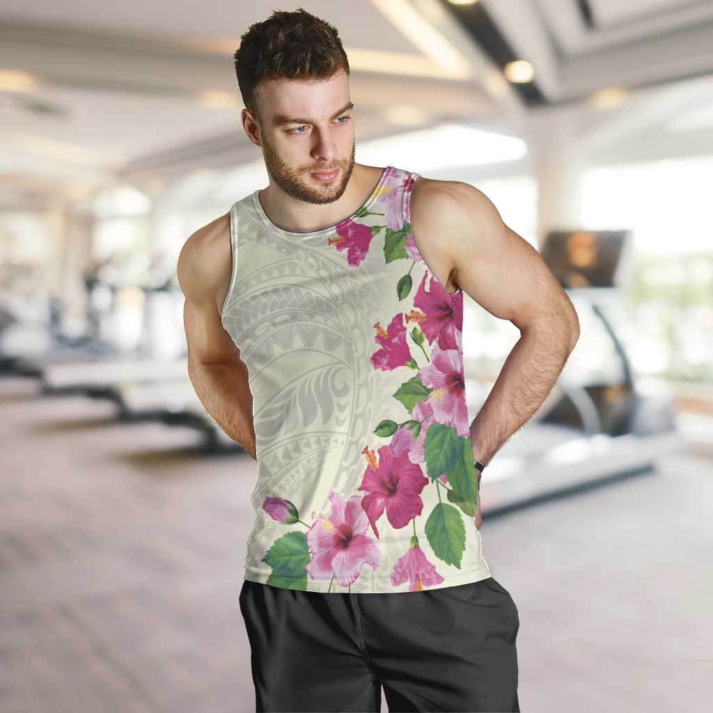Hawaiian Hibiscus and Art Polynesian Tattoo Men Tank Top Beige Color LT03 Beige - Polynesian Pride