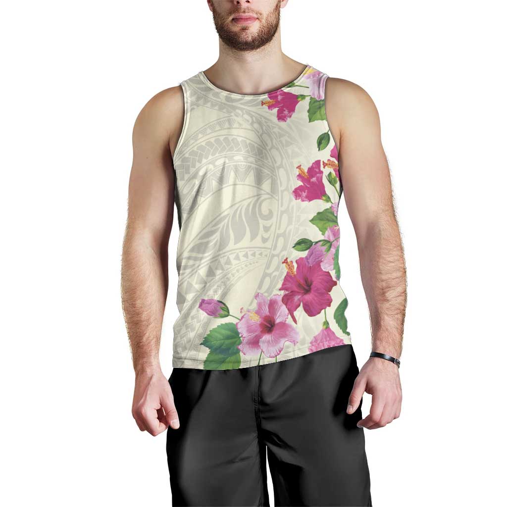 Hawaiian Hibiscus and Art Polynesian Tattoo Men Tank Top Beige Color LT03 - Polynesian Pride