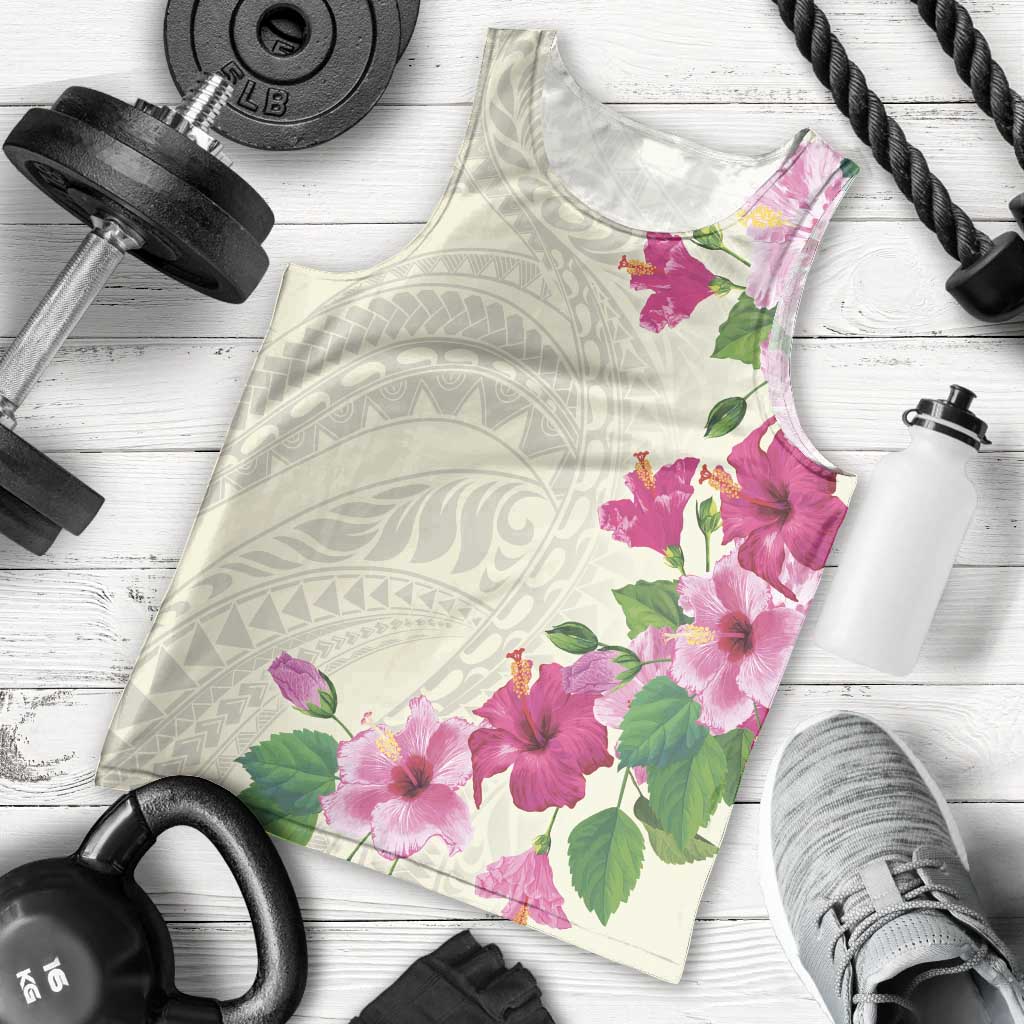 Hawaiian Hibiscus and Art Polynesian Tattoo Men Tank Top Beige Color LT03 - Polynesian Pride