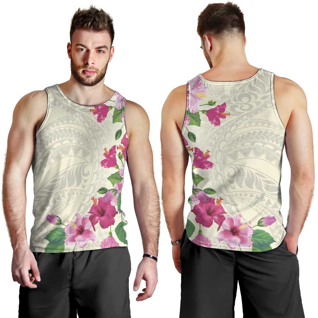Hawaiian Hibiscus and Art Polynesian Tattoo Men Tank Top Beige Color LT03 - Polynesian Pride