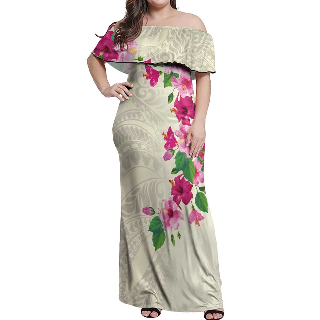 Hawaiian Hibiscus and Art Polynesian Tattoo Off Shoulder Maxi Dress Beige Color LT03 Women Beige - Polynesian Pride
