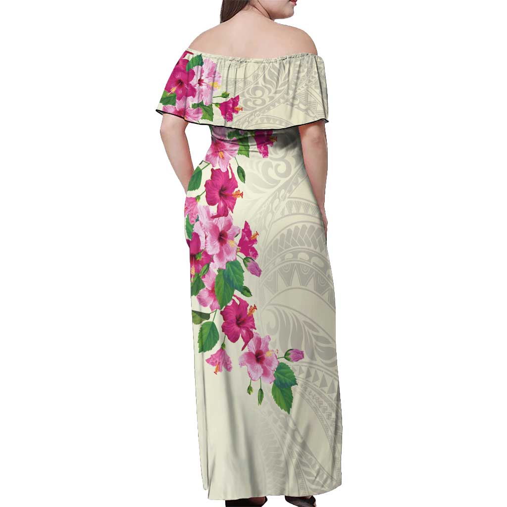 Hawaiian Hibiscus and Art Polynesian Tattoo Off Shoulder Maxi Dress Beige Color LT03 - Polynesian Pride