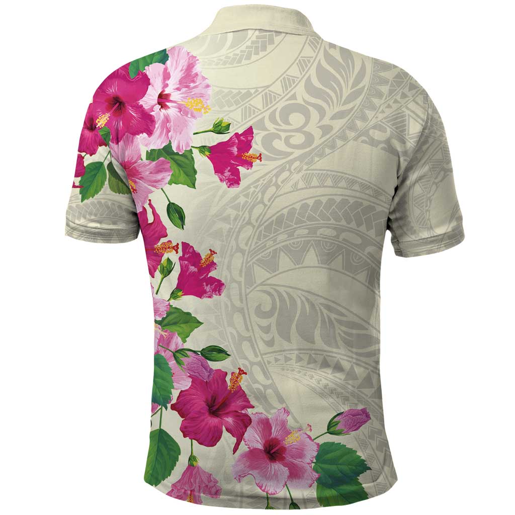Hawaiian Hibiscus and Art Polynesian Tattoo Polo Shirt Beige Color