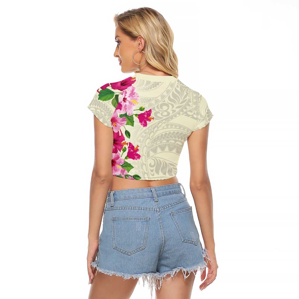 Hawaiian Hibiscus and Art Polynesian Tattoo Raglan Cropped T Shirt Beige Color