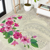 Hawaiian Hibiscus and Art Polynesian Tattoo Round Carpet Beige Color