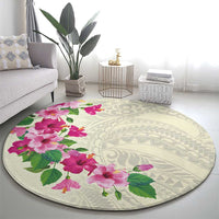 Hawaiian Hibiscus and Art Polynesian Tattoo Round Carpet Beige Color