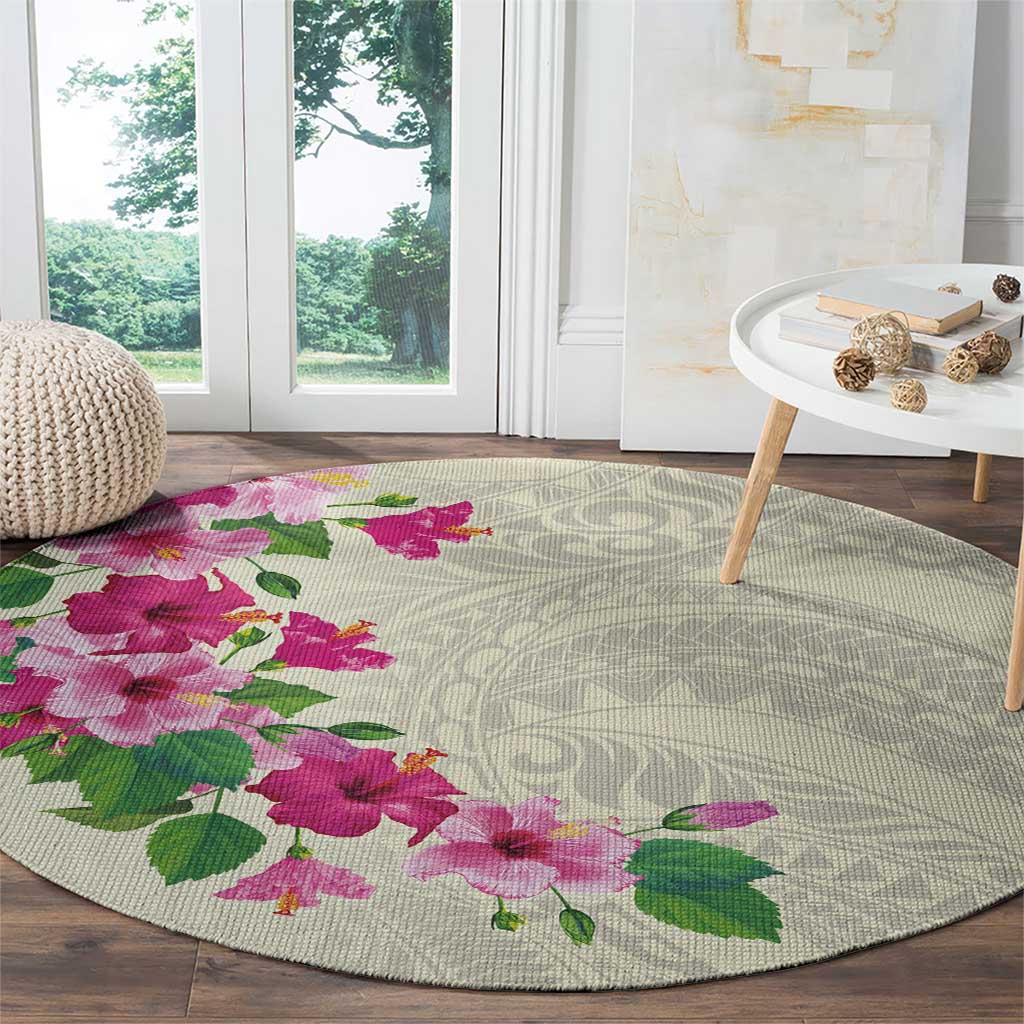Hawaiian Hibiscus and Art Polynesian Tattoo Round Carpet Beige Color