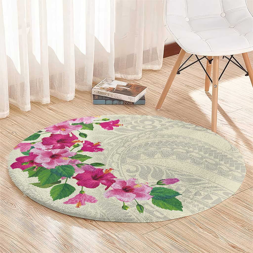Hawaiian Hibiscus and Art Polynesian Tattoo Round Carpet Beige Color