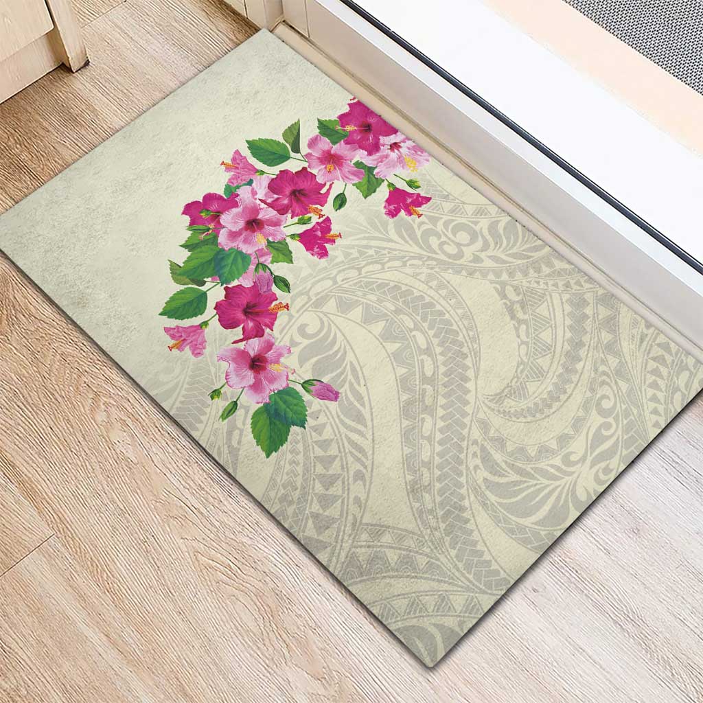 Hawaiian Hibiscus and Art Polynesian Tattoo Rubber Doormat Beige Color LT03 - Polynesian Pride