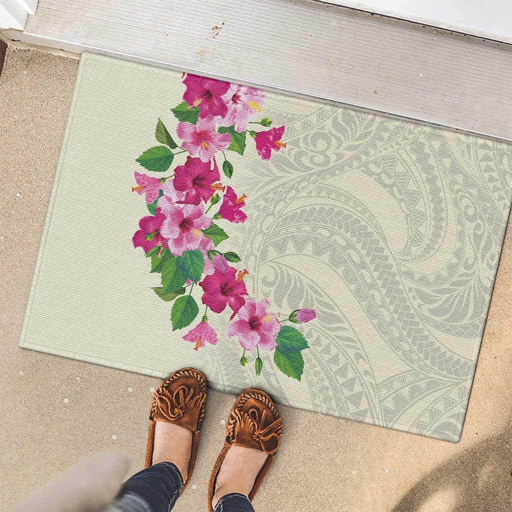 Hawaiian Hibiscus and Art Polynesian Tattoo Rubber Doormat Beige Color LT03 - Polynesian Pride