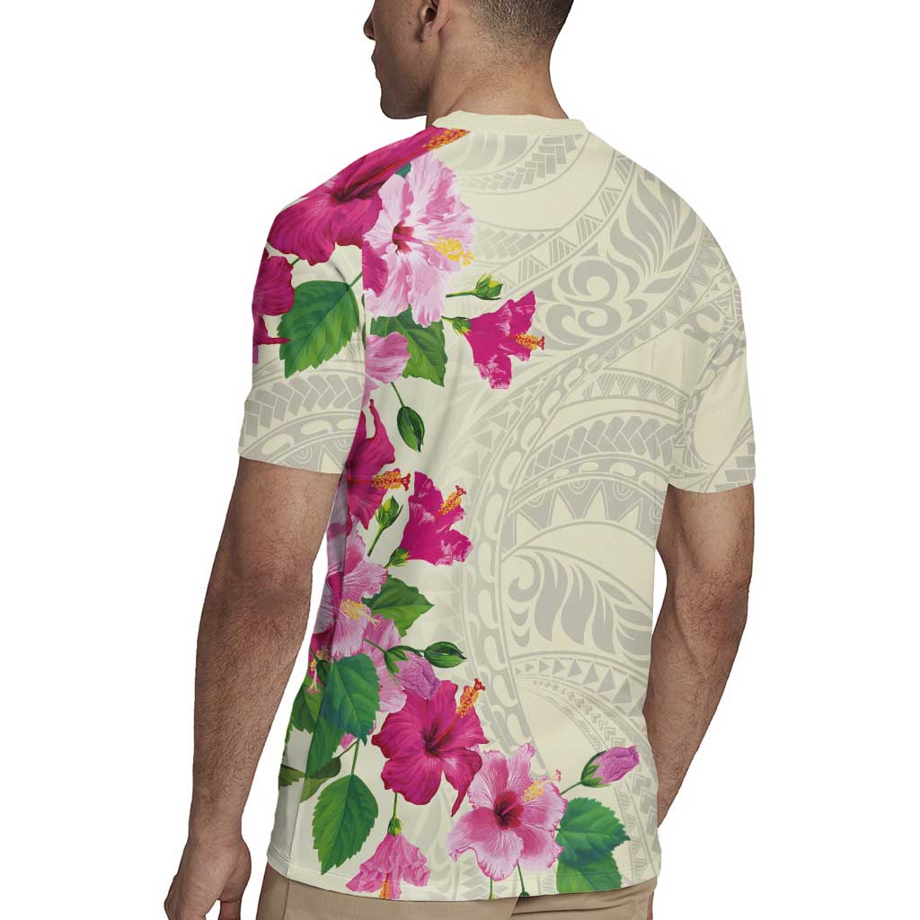 Hawaiian Hibiscus and Art Polynesian Tattoo Rugby Jersey Beige Color