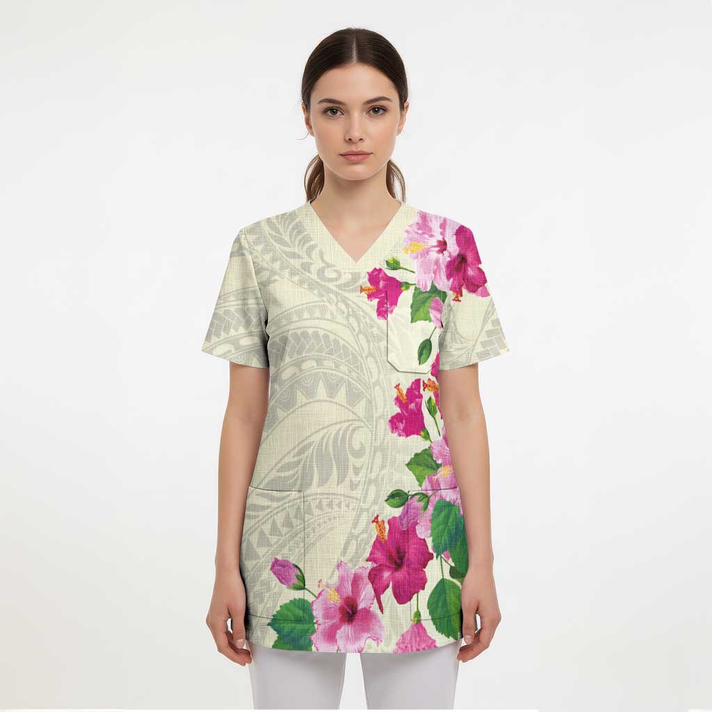 Hawaiian Hibiscus and Art Polynesian Tattoo Scrub Top Beige Color - Polynesian Pride