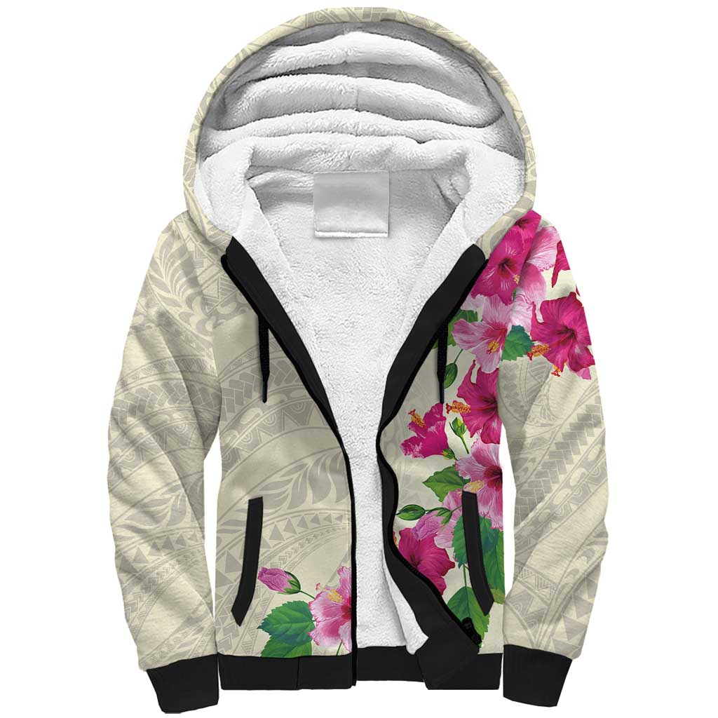 Hawaiian Hibiscus and Art Polynesian Tattoo Sherpa Hoodie Beige Color LT03 Unisex Beige - Polynesian Pride