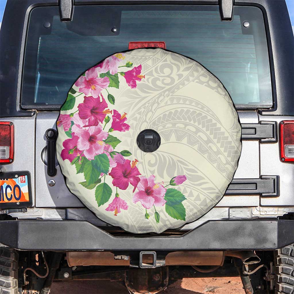 Hawaiian Hibiscus and Art Polynesian Tattoo Spare Tire Cover Beige Color