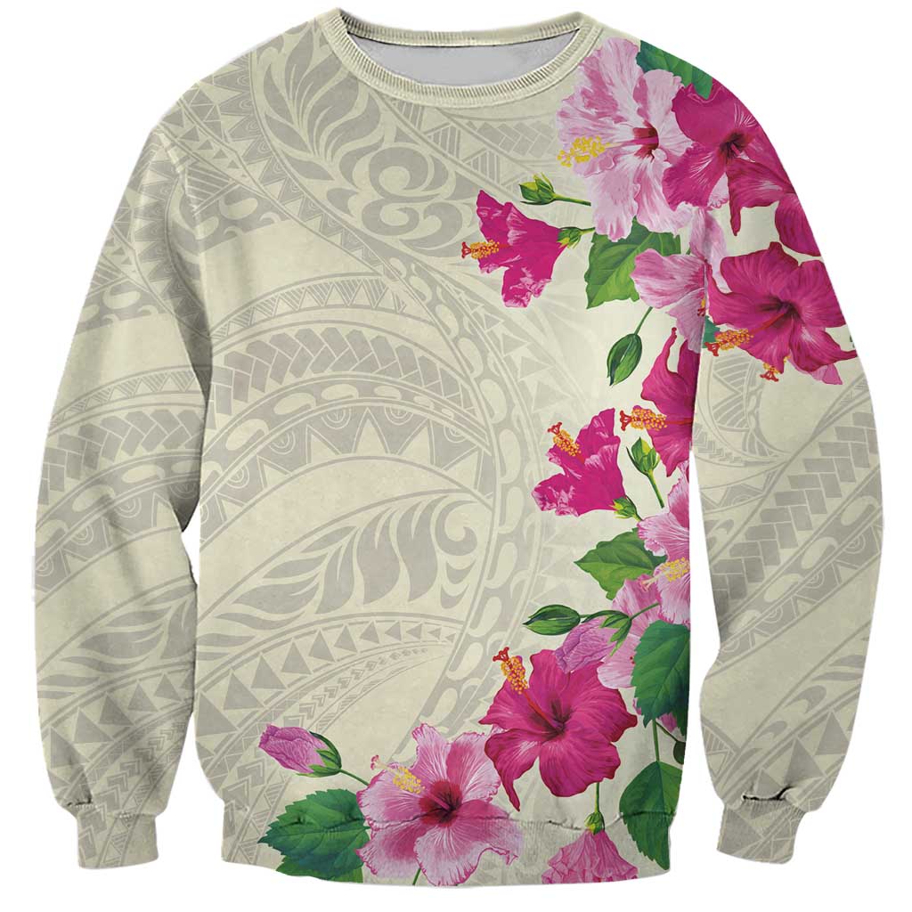 Hawaiian Hibiscus and Art Polynesian Tattoo Sweatshirt Beige Color LT03 Unisex Beige - Polynesian Pride
