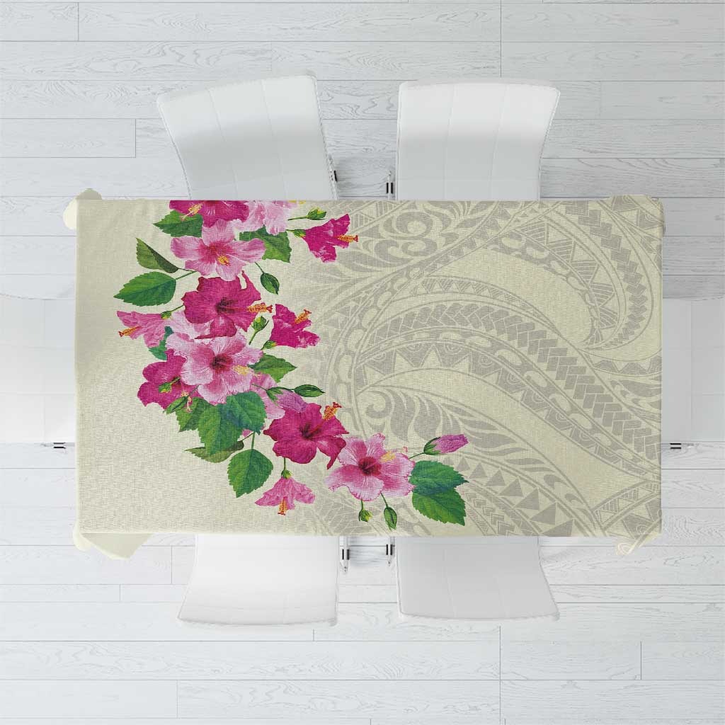 Hawaiian Hibiscus and Art Polynesian Tattoo Tablecloth Beige Color