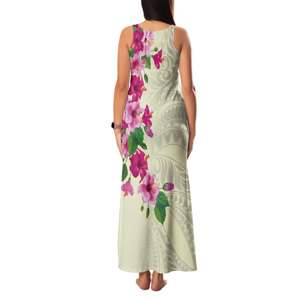 Hawaiian Hibiscus and Art Polynesian Tattoo Tank Maxi Dress Beige Color