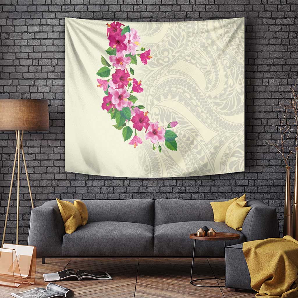 Hawaiian Hibiscus and Art Polynesian Tattoo Tapestry Beige Color