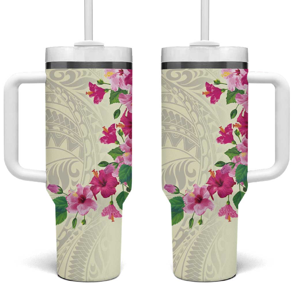 Hawaiian Hibiscus and Art Polynesian Tattoo Tumbler With Handle Beige Color LT03 One Size: 40 oz Beige - Polynesian Pride