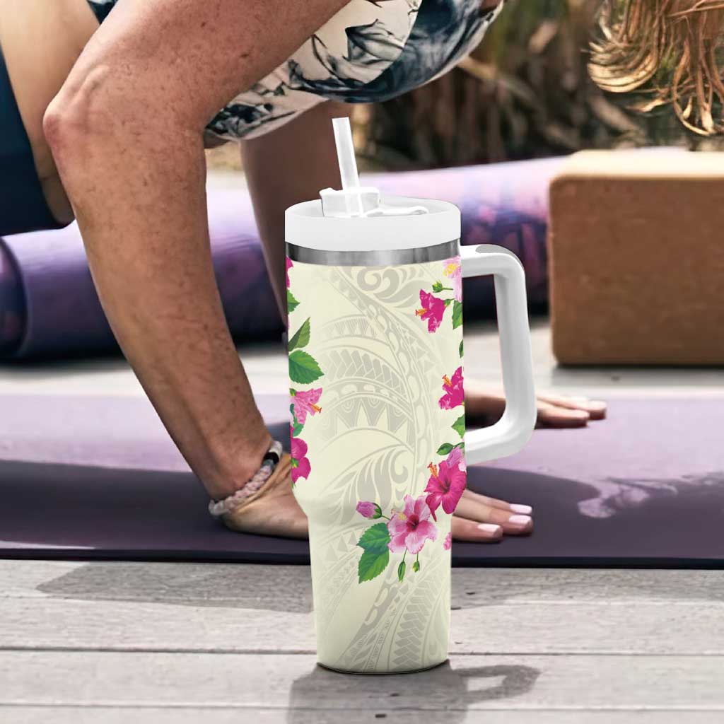 Hawaiian Hibiscus and Art Polynesian Tattoo Tumbler With Handle Beige Color LT03 - Polynesian Pride