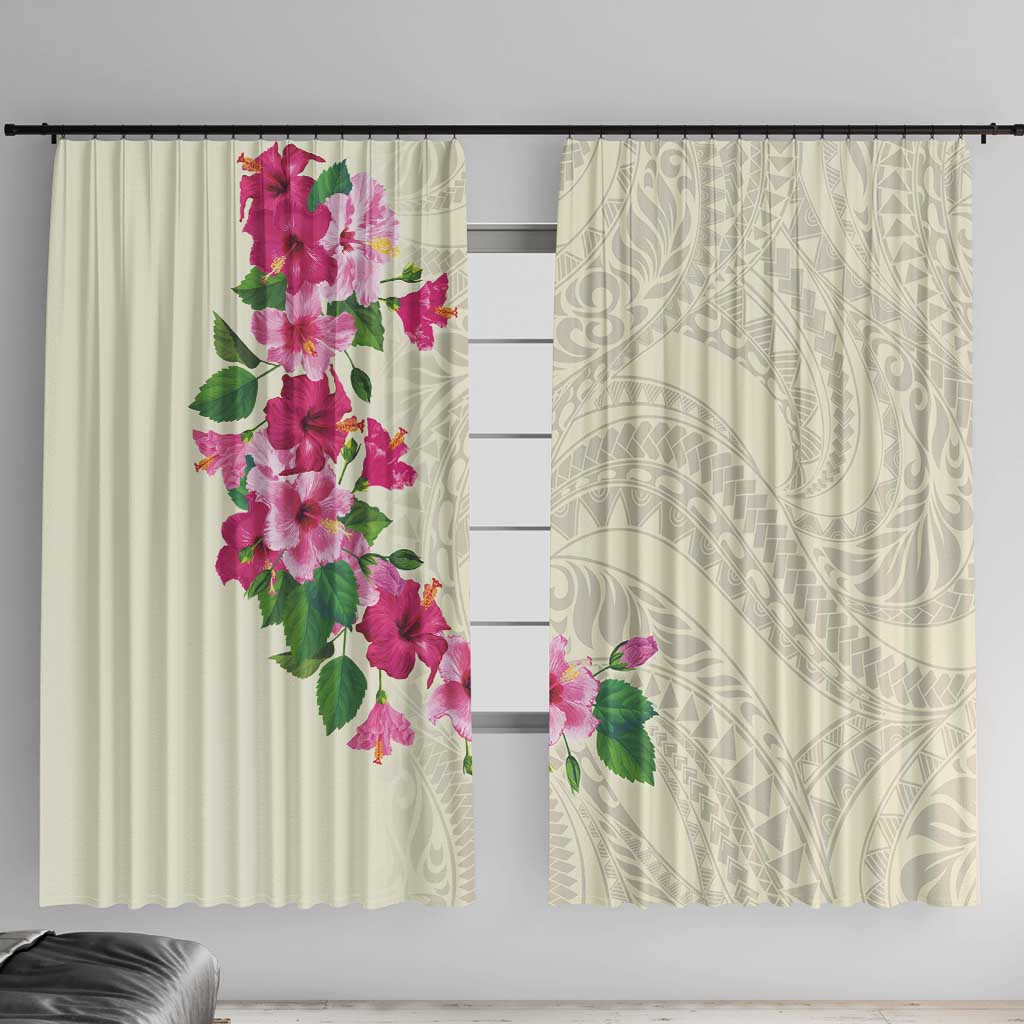 Hawaiian Hibiscus and Art Polynesian Tattoo Window Curtain Beige Color LT03 With Hooks Beige - Polynesian Pride