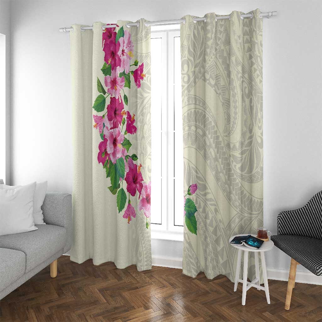Hawaiian Hibiscus and Art Polynesian Tattoo Window Curtain Beige Color LT03 With Grommets Beige - Polynesian Pride