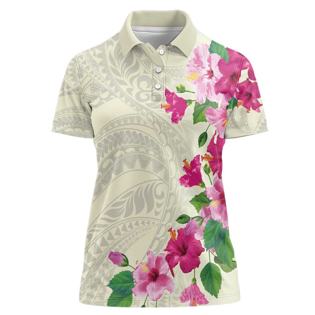 Hawaiian Hibiscus and Art Polynesian Tattoo Women Polo Shirt Beige Color