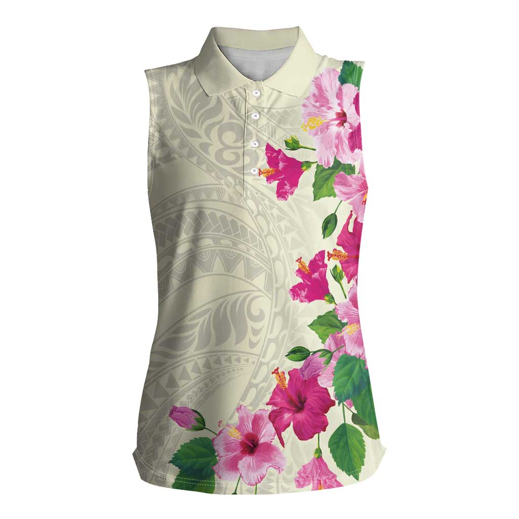 Hawaiian Hibiscus and Art Polynesian Tattoo Women Sleeveless Polo Shirt Beige Color