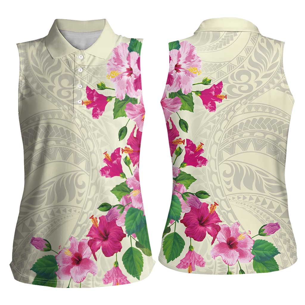 Hawaiian Hibiscus and Art Polynesian Tattoo Women Sleeveless Polo Shirt Beige Color