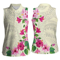 Hawaiian Hibiscus and Art Polynesian Tattoo Women Sleeveless Polo Shirt Beige Color