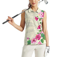 Hawaiian Hibiscus and Art Polynesian Tattoo Women Sleeveless Polo Shirt Beige Color