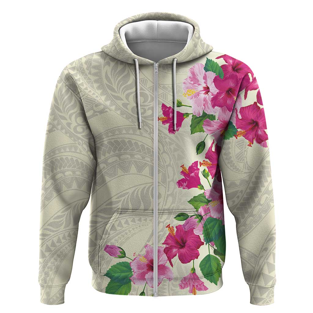 Hawaiian Hibiscus and Art Polynesian Tattoo Zip Hoodie Beige Color