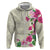 Hawaiian Hibiscus and Art Polynesian Tattoo Zip Hoodie Beige Color