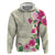 Hawaiian Hibiscus and Art Polynesian Tattoo Zip Hoodie Beige Color