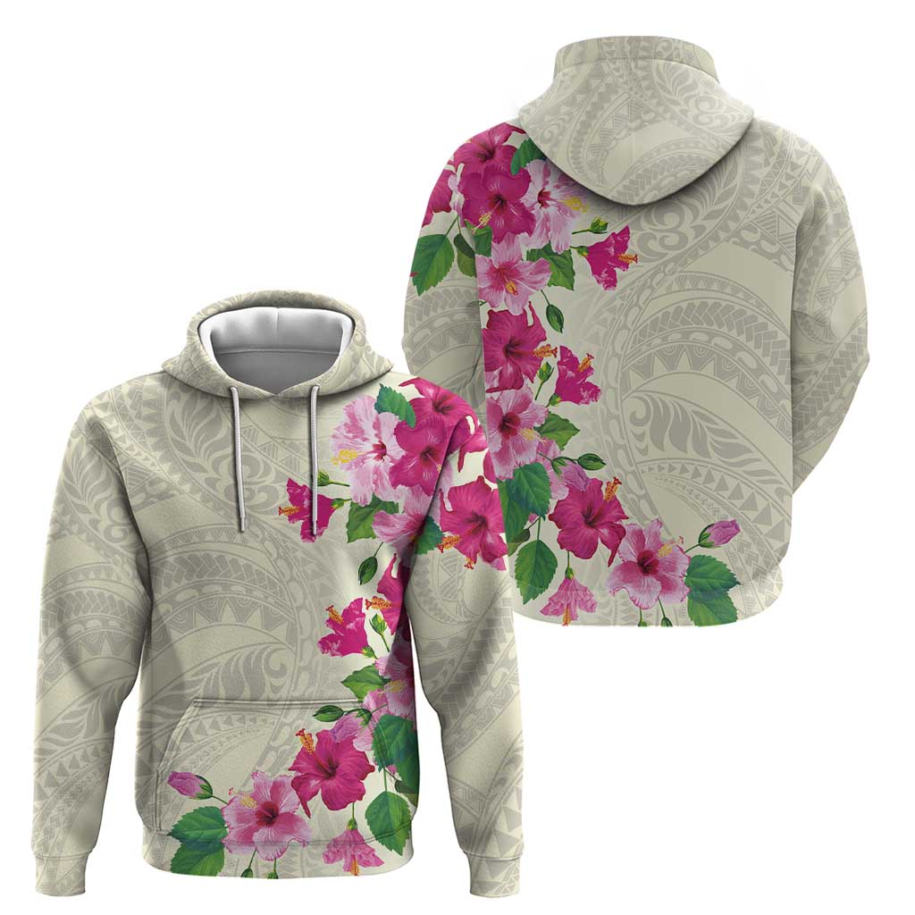 Hawaiian Hibiscus and Art Polynesian Tattoo Zip Hoodie Beige Color
