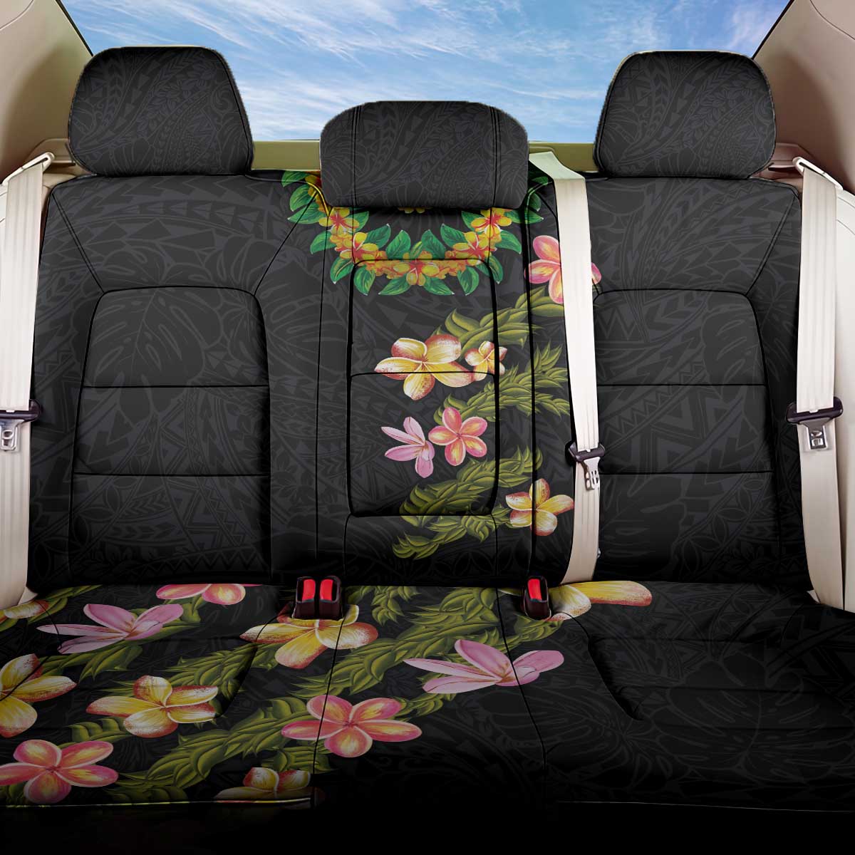 Hawaiian Lei Plumeria and Tropical Leaves Back Car Seat Cover Watercolor Style