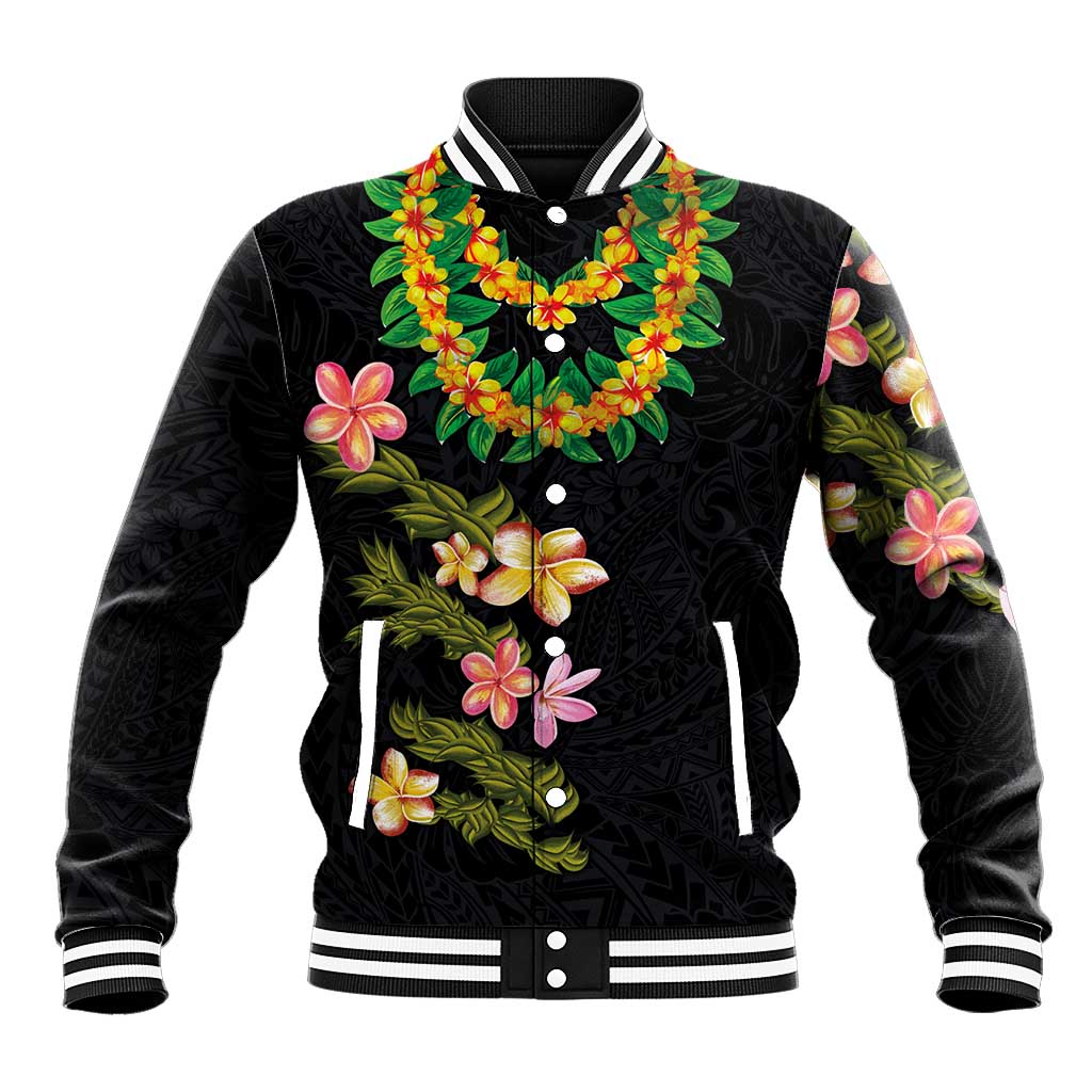 Hawaiian Lei Plumeria and Tropical Leaves Baseball Jacket Watercolor Style LT03 Unisex Black - Polynesian Pride