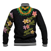 Hawaiian Lei Plumeria and Tropical Leaves Baseball Jacket Watercolor Style LT03 - Polynesian Pride