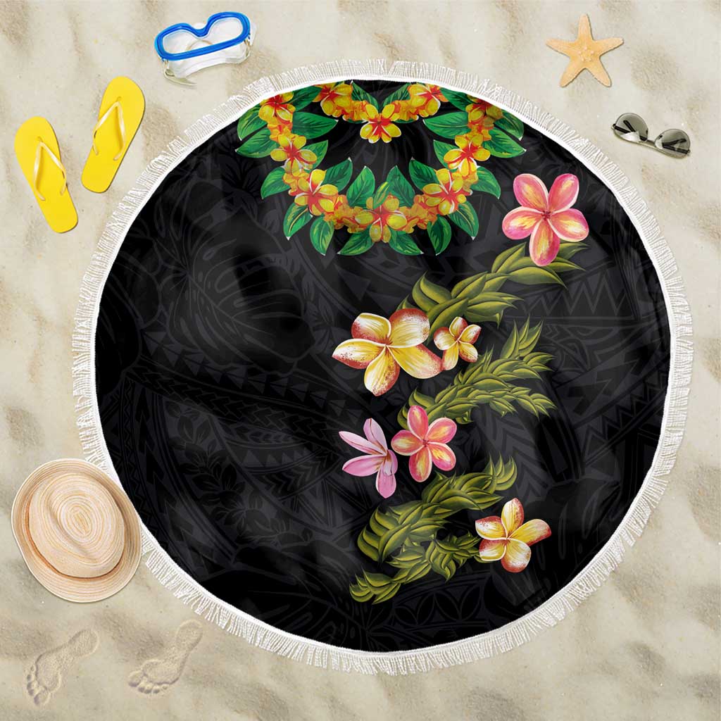 Hawaiian Lei Plumeria and Tropical Leaves Beach Blanket Watercolor Style LT03 One Size 150cm Black - Polynesian Pride