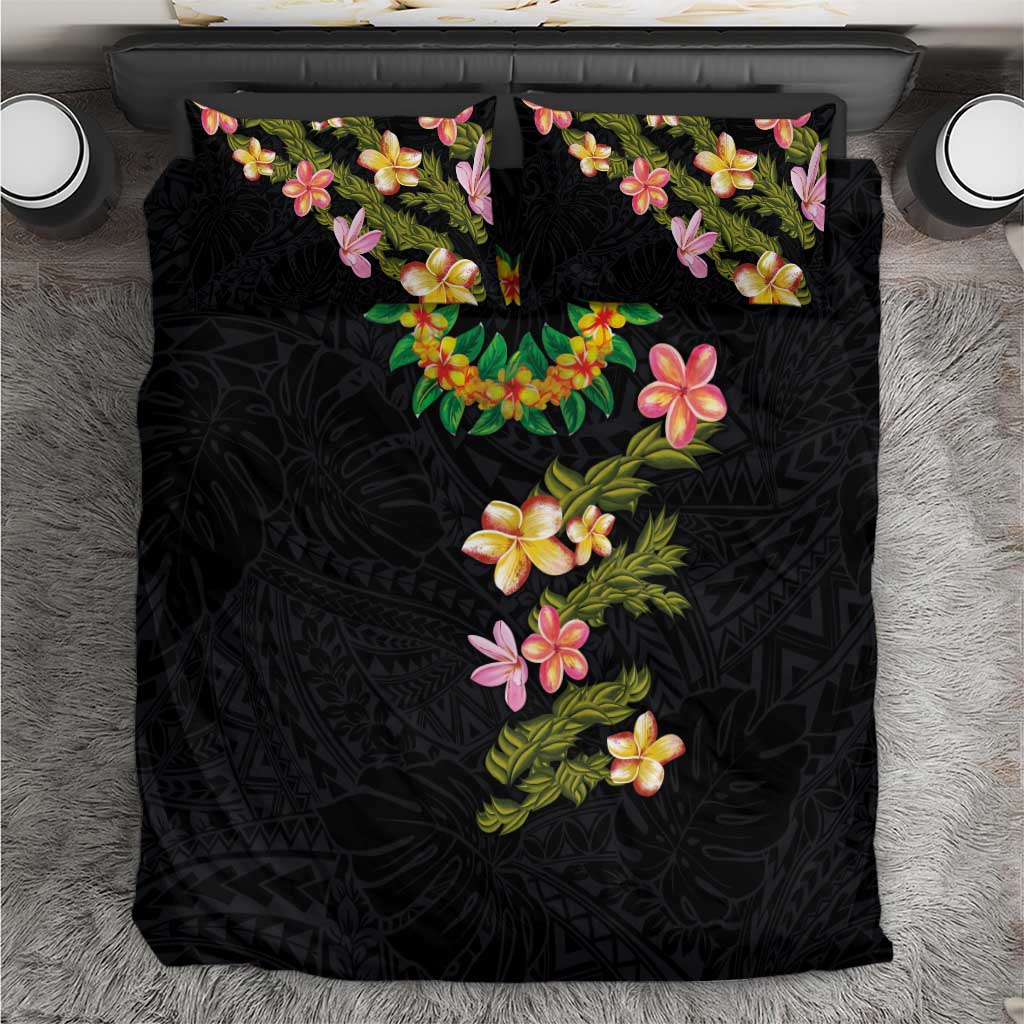 Hawaiian Lei Plumeria and Tropical Leaves Bedding Set Watercolor Style LT03 Black - Polynesian Pride